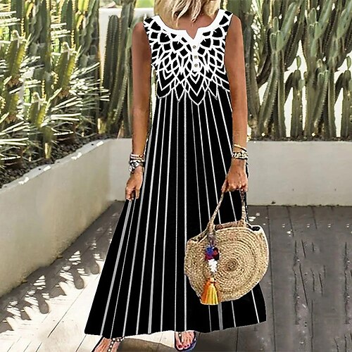 

Women's Casual Dress Swing Dress Long Dress Maxi Dress Black Sleeveless Floral Print Spring Summer V Neck Loose Fit 2022 S M L XL XXL 3XL