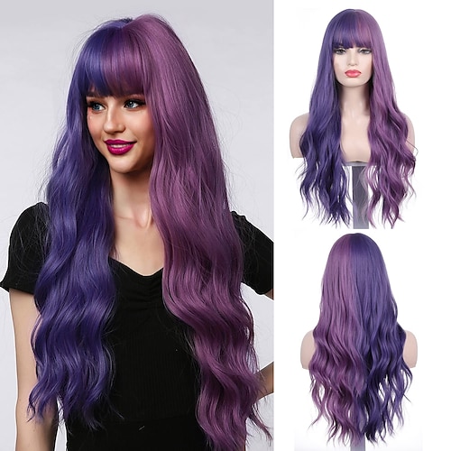 

Purple Blue Long Wavy Wigs for Women Synthetic Blue Wig Purple Wigs Christmas Cosplay Party Wigs Hair with Bangs