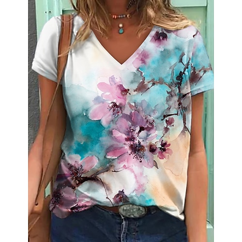

Women's T shirt Tee Pink Floral Print Short Sleeve Casual Holiday Basic V Neck Regular Floral Painting S / 3D Print