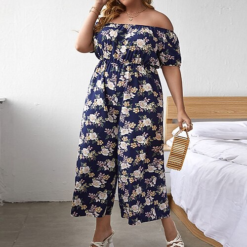 

Women's Plus Size Curve Jumpsuit Print Floral Streetwear Chino Home Casual High Ankle-Length Spring Summer Dark Blue L XL XXL 3XL 4XL