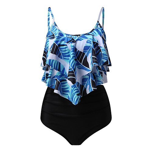 

Women's Tankini Two Piece Swimsuit High Waist Ruffle Bathing Suit Floral Swimwear WhiteBlack BlackWhite Breathable Quick Dry Sleeveless - Swimming Surfing Beach Summer