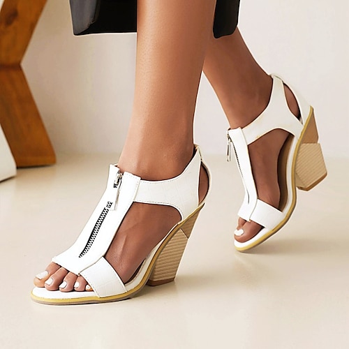 

Women's Sandals Office Daily Summer Wedge Heel Open Toe Casual Walking Shoes PU Leather Zipper Geometric Solid Colored Leopard Black White