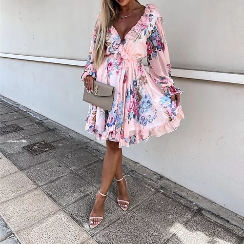 

Women's Blue Pink Long Sleeve Floral Ruffle Winter Fall Autumn V Neck Winter Dress Fall Dress 2022 S M L XL
