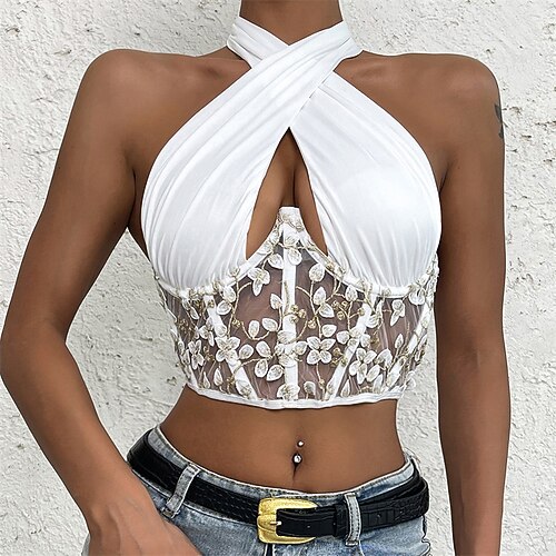 

Corset Women's Corset Tops Party & Evening Club White Breathable Comfortable Backless Push Up Embroidery Flower Spring Summer