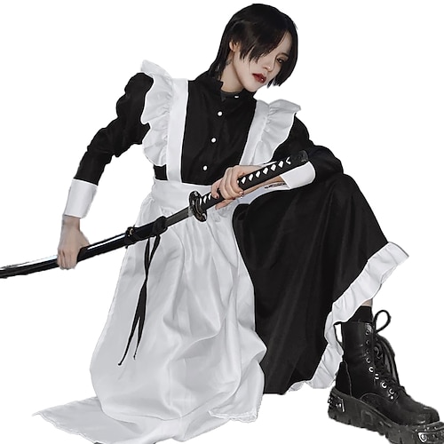 

Lolita Ōji Lolita (Boystyle) Maid Uniforms Lace Up Maid Suits Women's Japanese Cosplay Costumes Black Solid Colored Bishop Sleeve Long Sleeve Long Length / Dress