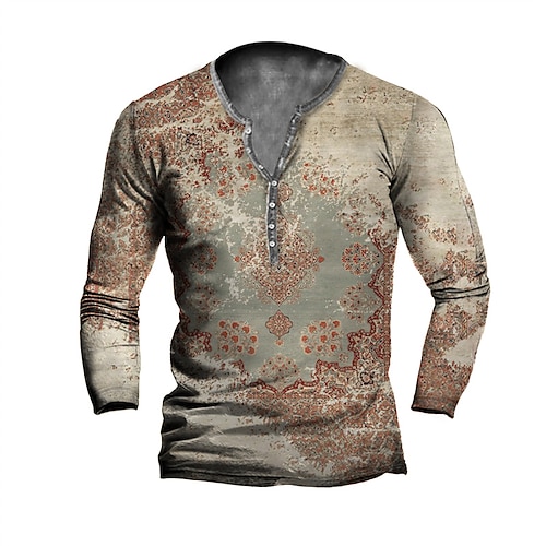 

Men's T shirt Tee Henley Shirt Graphic Tribal Henley Blue Khaki Red 3D Print Outdoor Casual Long Sleeve Button-Down Print Clothing Apparel Vintage Designer Casual Classic