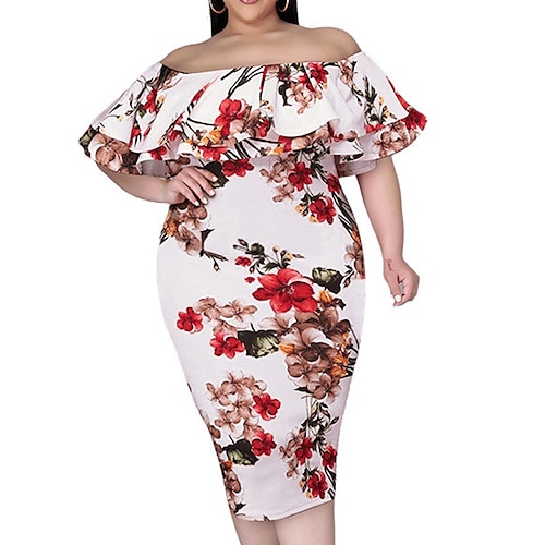 

Women's Plus Size Holiday Dress Floral Off Shoulder Print Short Sleeve Fall Spring Mumu Knee Length Dress Date Going out Dress