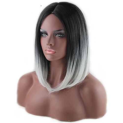 

Ombre Short Straight Hair Synthetic Wigs For Women Black Root Grey Two Tones Daily Use Wig