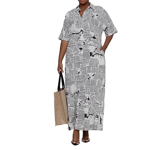 

Women's Plus Size Casual Dress Letter Shirt Collar Print Half Sleeve Fall Spring Casual Maxi long Dress Causal Daily Dress / Shirt Dress
