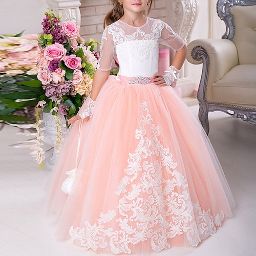 

Party Event / Party Princess Flower Girl Dresses Jewel Neck Floor Length Polyester / Cotton Blend Winter Fall with Bow(s) Crystals Cute Girls' Party Dress Fit 3-16 Years