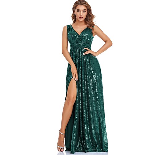 

A-Line Prom Dresses Maxi Sparkle & Shine Dress Cocktail Party Prom Knee Length V Neck Sleeveless Polyester with Sequin Slit 2022