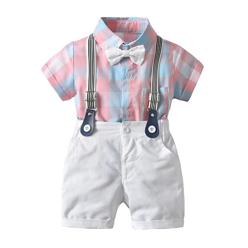 

4 pezzi Bambino Da ragazzo Camicia e pantaloncini Completo Vestito A quadri Manica corta Con fiocco Cotone Impostare Feste Di tendenza Gentile Estate 1-3 anni Rosa