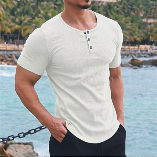 

Homens Camiseta Côr Sólida Gola Redonda Cinzento Branco Casual Diário Manga Curta Botão para baixo Roupa Algodão Esportes Moda Leve Grande e Alto / Verão