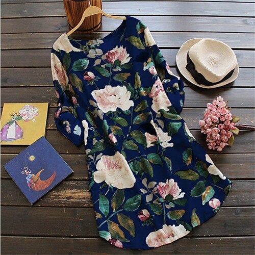 

Women's Plus Size Casual Dress Floral Crew Neck Print Long Sleeve Fall Spring Casual Short Mini Dress Causal Daily Dress / Cotton