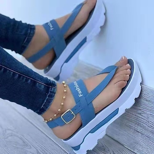 

Women's Sandals Flat Sandals Summer Buckle Flat Heel Peep Toe PU Leather Buckle Solid Colored Black Rosy Pink Blue