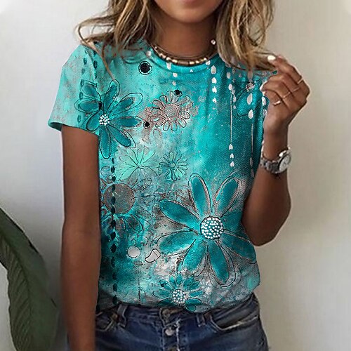 

Women's T shirt Tee Green Blue Purple Floral Print Long Sleeve Daily Holiday Basic Round Neck Long Floral Painting S / 3D Print
