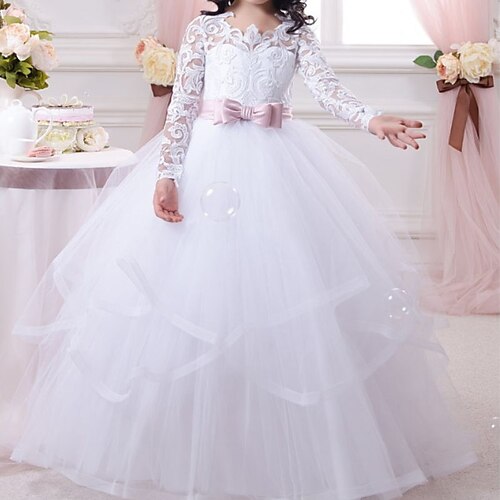 

Kids Little Girls' Dress Plain A Line Dress Party Wedding Ruched Mesh Lace White Lace Tulle Cotton Asymmetrical Long Sleeve Princess Sweet Dresses Fall Spring Regular Fit 3-12 Years