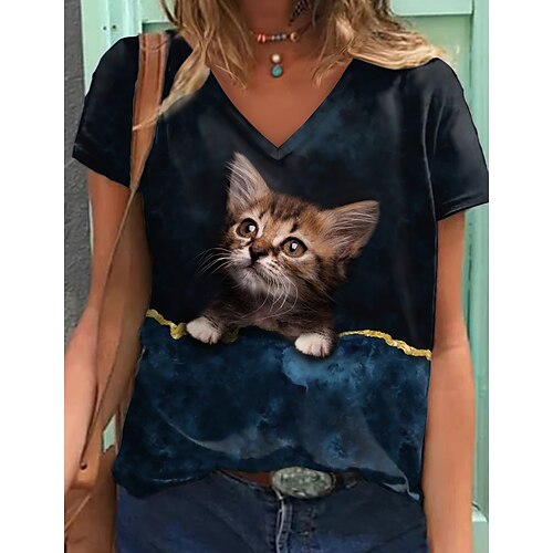 

Women's T shirt Tee Green Blue Red Cat 3D Print Short Sleeve Casual Weekend Basic V Neck Regular 3D Cat Painting S