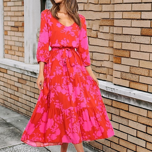 

Women's Casual Dress Swing Dress Midi Dress Red 3/4 Length Sleeve Floral Lace up Winter Fall Autumn V Neck Modern Outdoor Weekend Loose Fit 2023 S M L XL