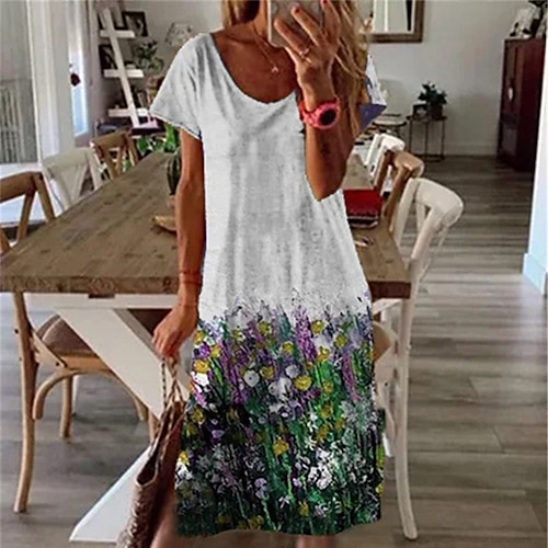 

Mulheres Vestido de turno Azul Claro Branco Manga Curta Floral Fenda Primavera Verão Gola Redonda Ajuste Largo 2022 S M L XL XXL 3XL