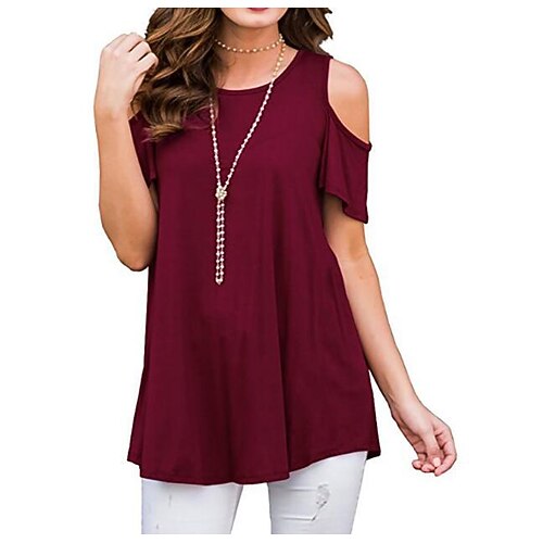 

Women's T shirt Tee Green Blue Purple Plain Cut Out Cold Shoulder Short Sleeve Casual Weekend Basic Round Neck Regular S