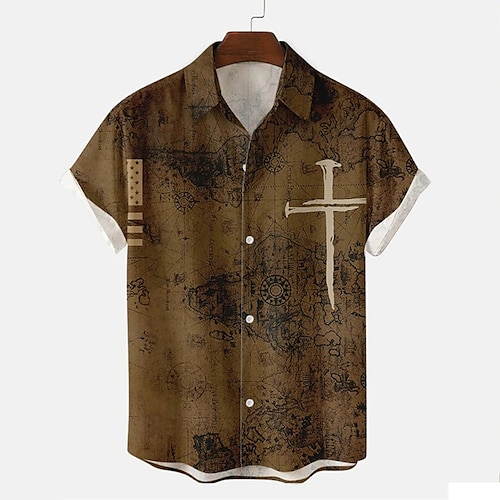 

Men's Shirt Graphic Cross Turndown Brown Outdoor Street Short Sleeve Button-Down Print Clothing Apparel Fashion Casual Breathable Comfortable / Summer / Summer