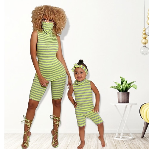 

Mommy and Me Jumpsuit Striped Daily Drawstring Green Pink Sleeveless Adorable Matching Outfits