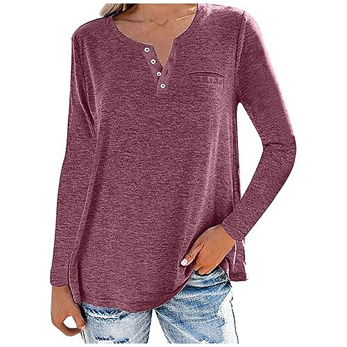 

Women's T shirt Tee Button Solid Colored Basic V Neck Standard Spring Light Blue Wine khaki White
