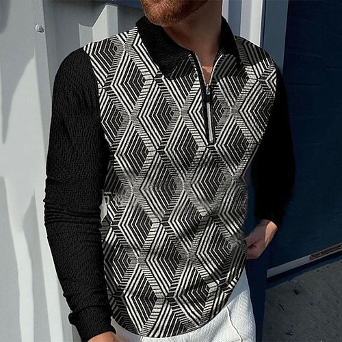 

Men's Collar Polo Shirt Golf Shirt Geometry Turndown Gray 3D Print Casual Daily Long Sleeve Zipper Print Clothing Apparel Sports Fashion Casual Comfortable