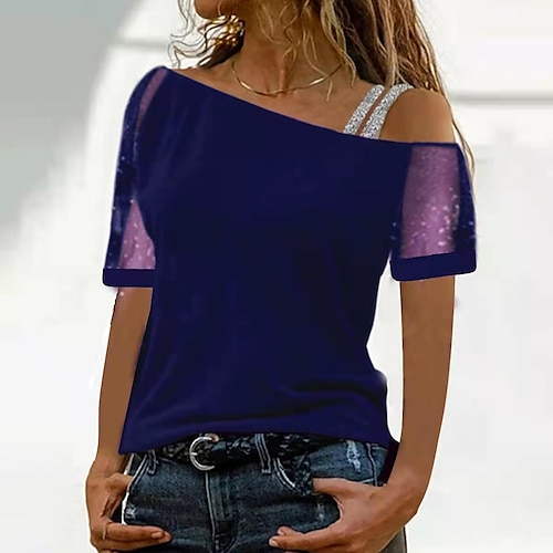 

Women's T shirt Tee Green Blue Purple Plain Short Sleeve Casual Weekend Basic Diagonal Neck Regular S