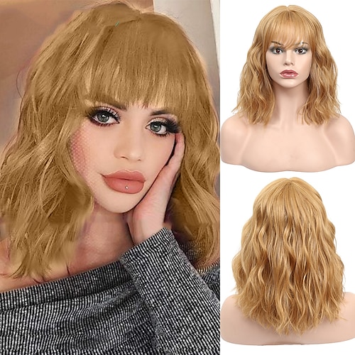 

Blonde Wigs with Bangs Strawberry Blonde Short Wave Bob Wigs with Bangs Natural Wave Machine Made Synthetic Wig for Women Party Cosplay Wigs