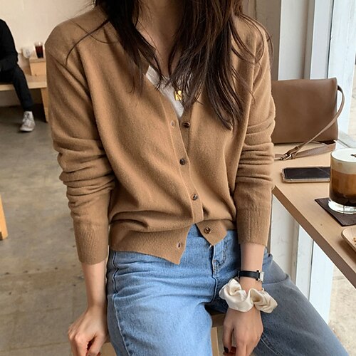 

Women's Cardigan Knitted Button Pure Color Stylish Casual Soft Long Sleeve Sweater Cardigans Crew Neck Spring Summer Blue Black Gray