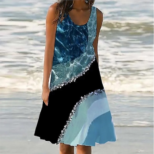 

Women's Casual Dress Midi Dress Blue Sleeveless Color Block Sequins Spring Summer Crew Neck 2022 S M L XL XXL 3XL