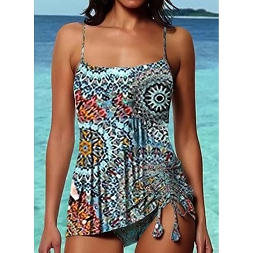 

Women's Swimwear Tankini 2 Piece Normal Swimsuit Open Back Printing Flower Blue Camisole Strap Bathing Suits New Vacation Fashion / Modern / Padded Bras