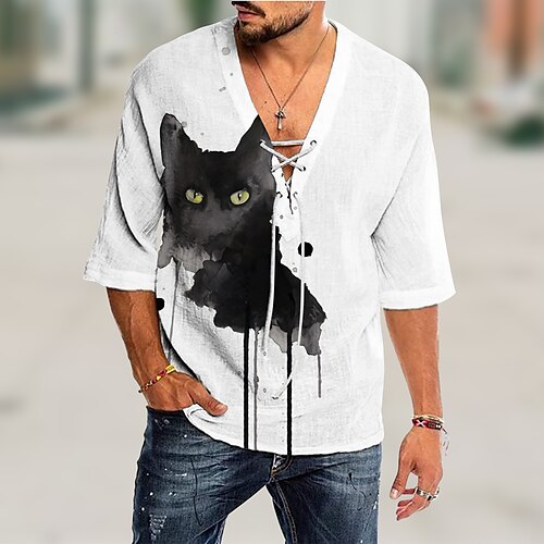 

Herren Hemd Tier Katze V Ausschnitt Weiß 3D-Druck Outdoor Casual 3/4 Ärmel Kordelzug 3D-Druck Bekleidung Modisch Designer Casual Komfortabel / Sport