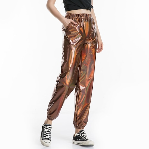 Zaxicht Women's Shiny Metallic Flared Pants, 70s High Waisted