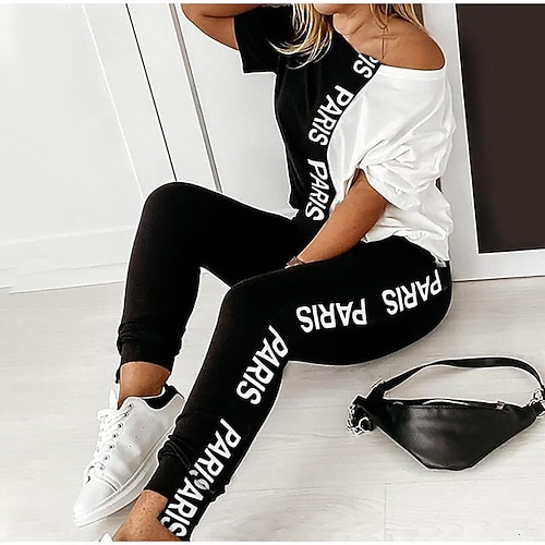 

Women's T shirt Tee Tracksuit Pants Sets Basic Black Sport Casual Color Block Letter Backless Print One Shoulder S M L XL