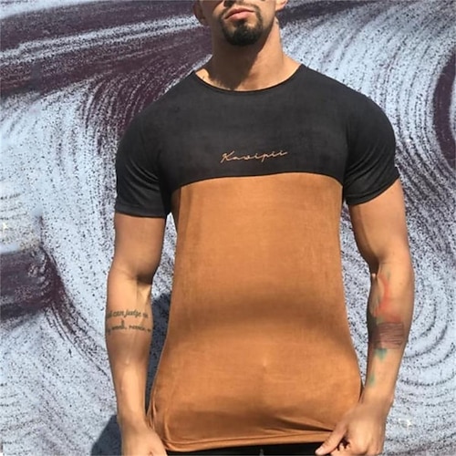 

Men's T shirt Tee Patchwork Crew Neck Brown Casual Daily Short Sleeve Clothing Apparel Sports Fashion Lightweight Big and Tall / Summer