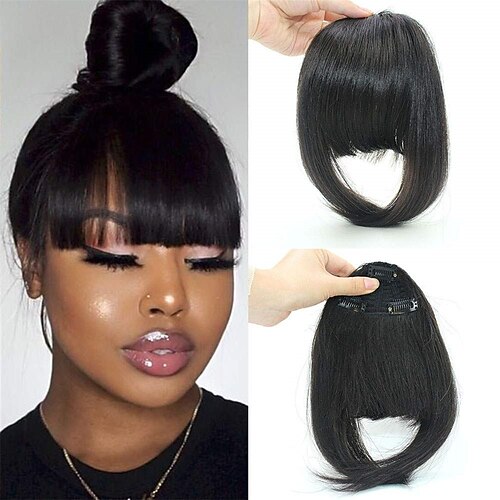 

Clip in Bangs Real Human Hair Flat Bangs Remy Fringe Hair Extensions Thick Full Tied Bangs with Temples Clip on Hair Pieces for Women