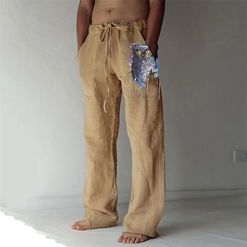

Men's Trousers Beach Pants Elastic Drawstring Design Front Pocket Straight Leg Owl Graphic Prints Comfort Soft Casual Daily For Vacation Cotton Blend Fashion Streetwear White Khaki / Designer