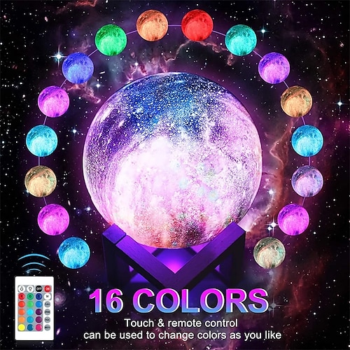 

3D Galaxy Moon Lamp 16 Colors Remote Control LED Touch Night Light Rechargeable Color Changing 3D Planet Lamp Home Bedroom Holiday Party Decoration Kids Birthday Gift