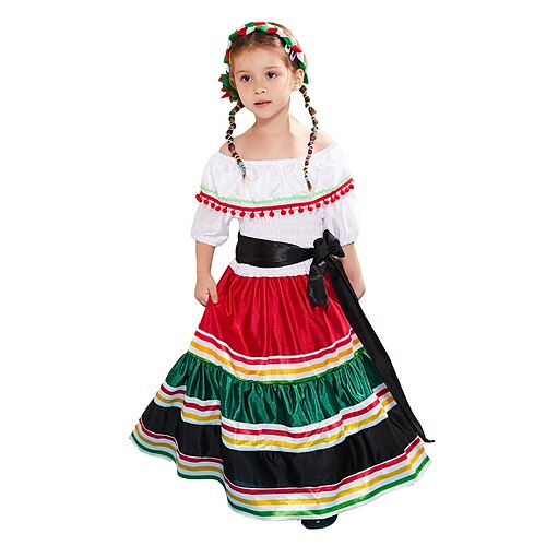 

Meksikansk Maskerade Tradisjonell kjole Barne Jente Cosplay Vintage kjole Cinco de Mayo Mexicos uavhengighetsdag De dødes dag Karneval Maskerade Mexicos uavhengighetsdag Festival / høytid polyester