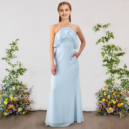 

A-Line Bridesmaid Dress Spaghetti Strap Sleeveless Sexy Floor Length Chiffon with Ruffles 2022