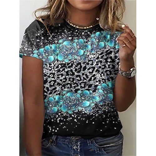 

Women's Plus Size Tops T shirt Tee Leopard Print Short Sleeve Crewneck Streetwear Daily Going out Polyester Spring Summer Green Blue