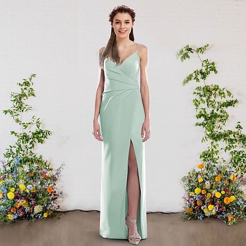 

Sheath / Column Bridesmaid Dress V Neck Sleeveless Elegant Floor Length Chiffon with Split Front 2022