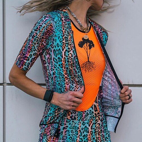 

21Grams Women's Cycling Jersey Short Sleeve Bike Top with 3 Rear Pockets Mountain Bike MTB Road Bike Cycling Breathable Quick Dry Moisture Wicking Reflective Strips Green Leopard Polyester Spandex