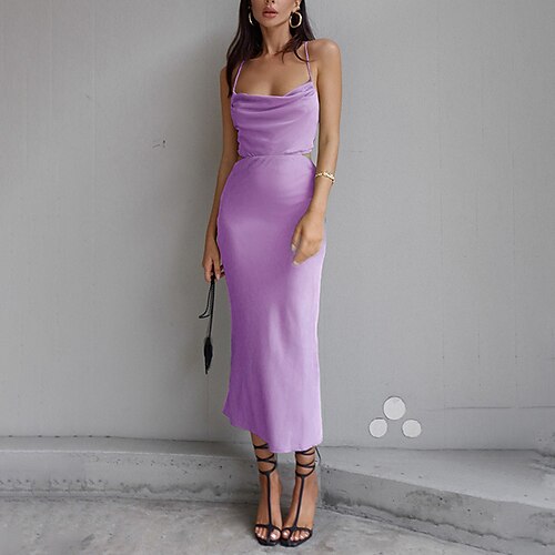 

Sheath / Column Minimalist Sexy Party Wear Prom Dress Boat Neck Sleeveless Tea Length Satin with Criss Cross Pure Color 2022