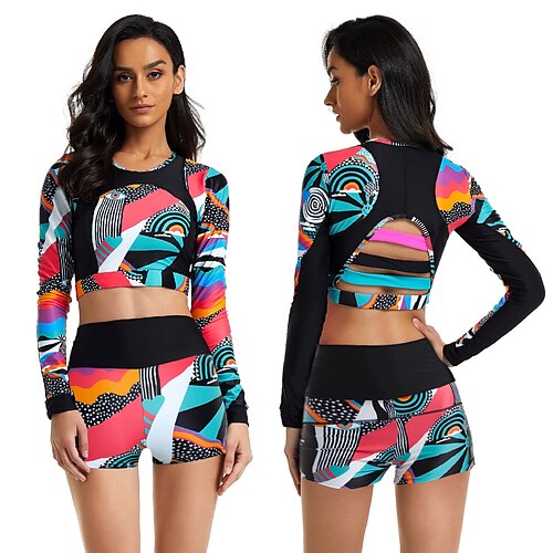 

Women's Rash guard Swimsuit UV Sun Protection Breathable Quick Dry Long Sleeve Spandex Swimwear Bathing Suit 2 Piece Cropped with Boy Shorts Swimming Surfing Water Sports Printed Spring Summer