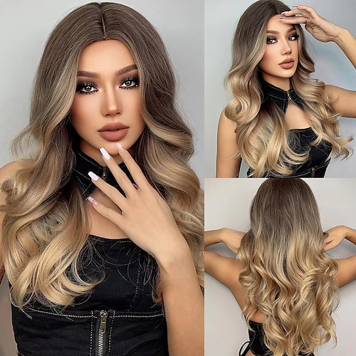 

HAIRCUBE Honey Blonde Highlighted Wigs Ombre Brown Blonde Long Body Wave Synthetic Wig for Black Women Daily Cosplay Heat Resistant