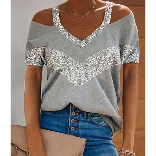 

Women's T shirt Tee Green Blue Purple Color Block Cut Out Short Sleeve Casual Weekend Basic V Neck Regular S